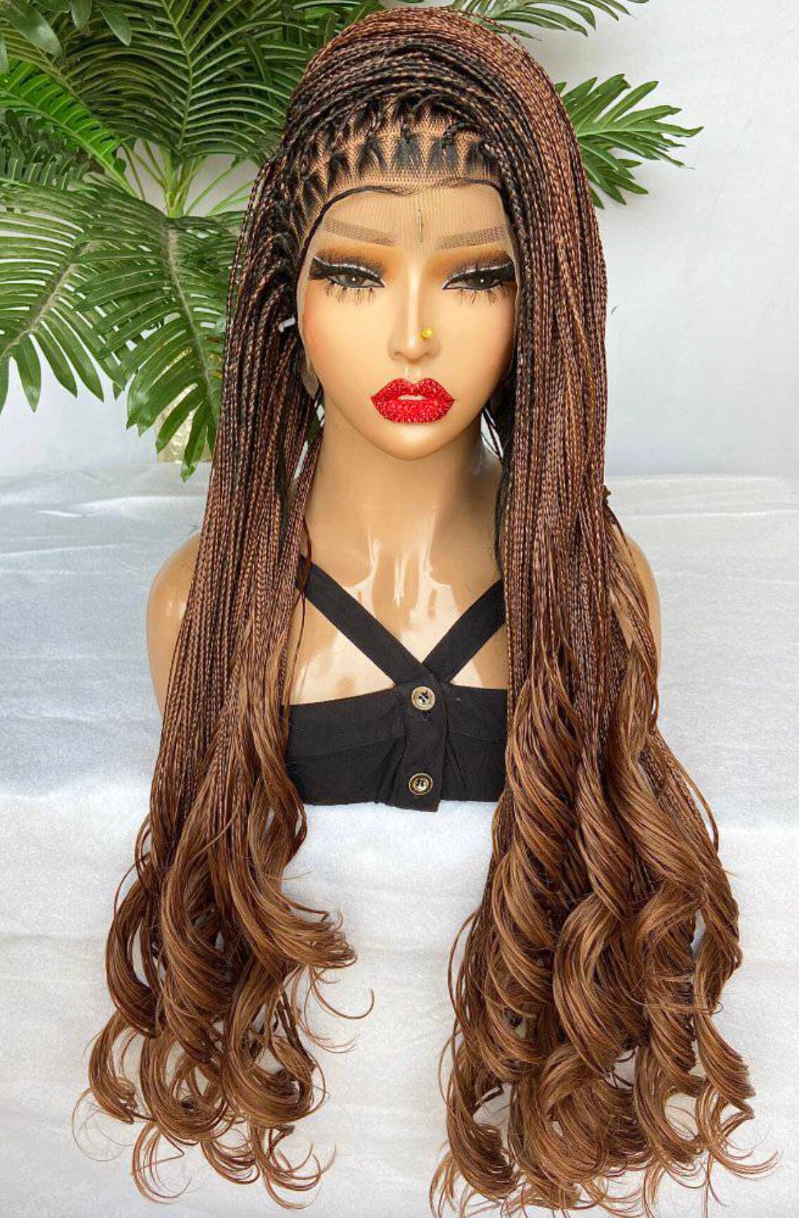 Full lace frontal knotless box braids wig for Black Women – French curls silk deep wave twist braided wig – Spanish curl spiral – product image 4
