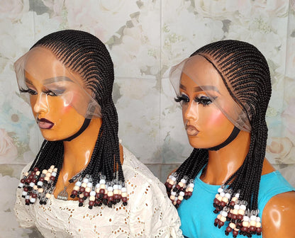 Braided Wigs for Black Women 16in Lace Frontal Cornrow Braided Wig – Ghana Weave with Beads – product image 2