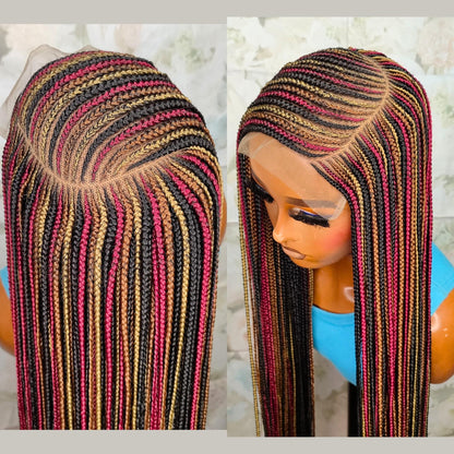 C-Cut Lace Frontal Conrow, Glueless Side-Part Long Red Gold Black Rainbow Braids Wig