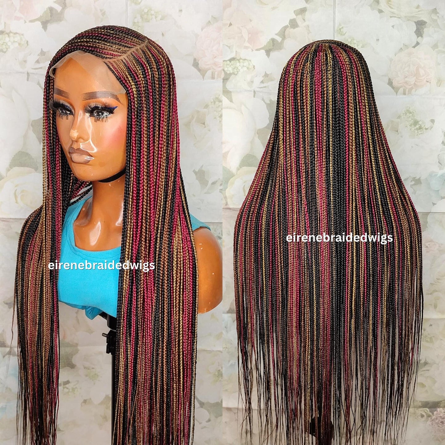C-Cut Lace Frontal Conrow, Glueless Side-Part Long Red Gold Black Rainbow Braids Wig