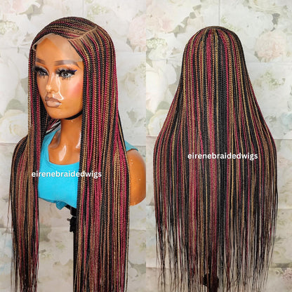 C-Cut Lace Frontal Conrow, Glueless Side-Part Long Red Gold Black Rainbow Braids Wig