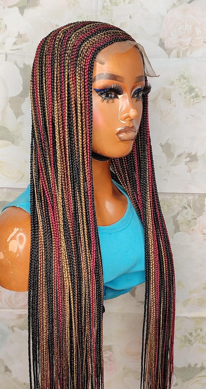 C-Cut Lace Frontal Conrow, Glueless Side-Part Long Red Gold Black Rainbow Braids Wig