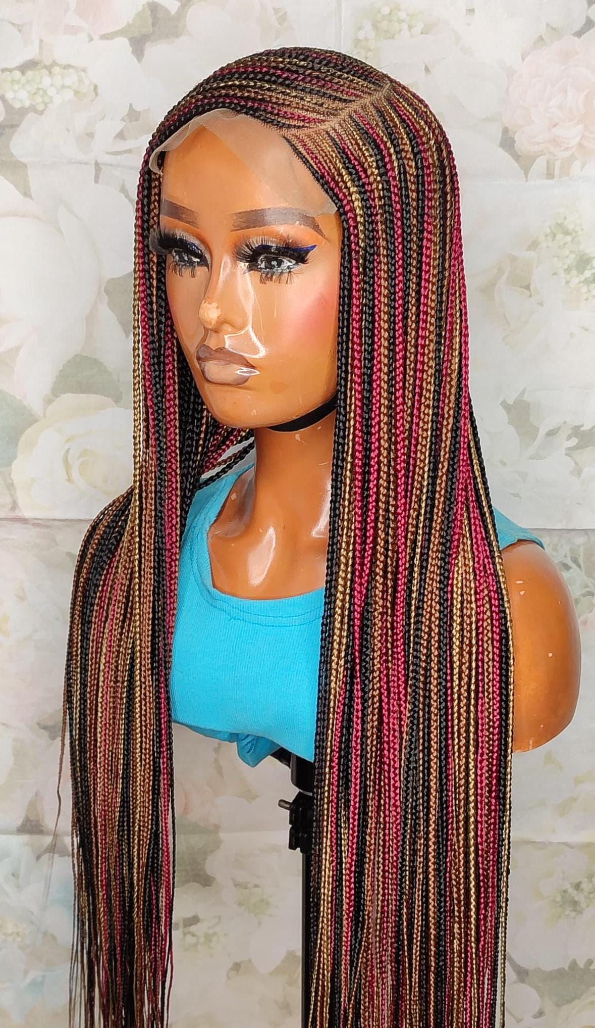C-Cut Lace Frontal Conrow, Glueless Side-Part Long Red Gold Black Rainbow Braids Wig