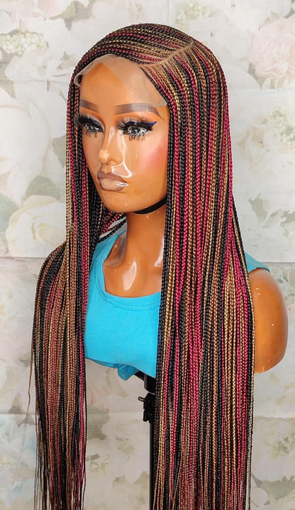 C-Cut Lace Frontal Conrow, Glueless Side-Part Long Red Gold Black Rainbow Braids Wig