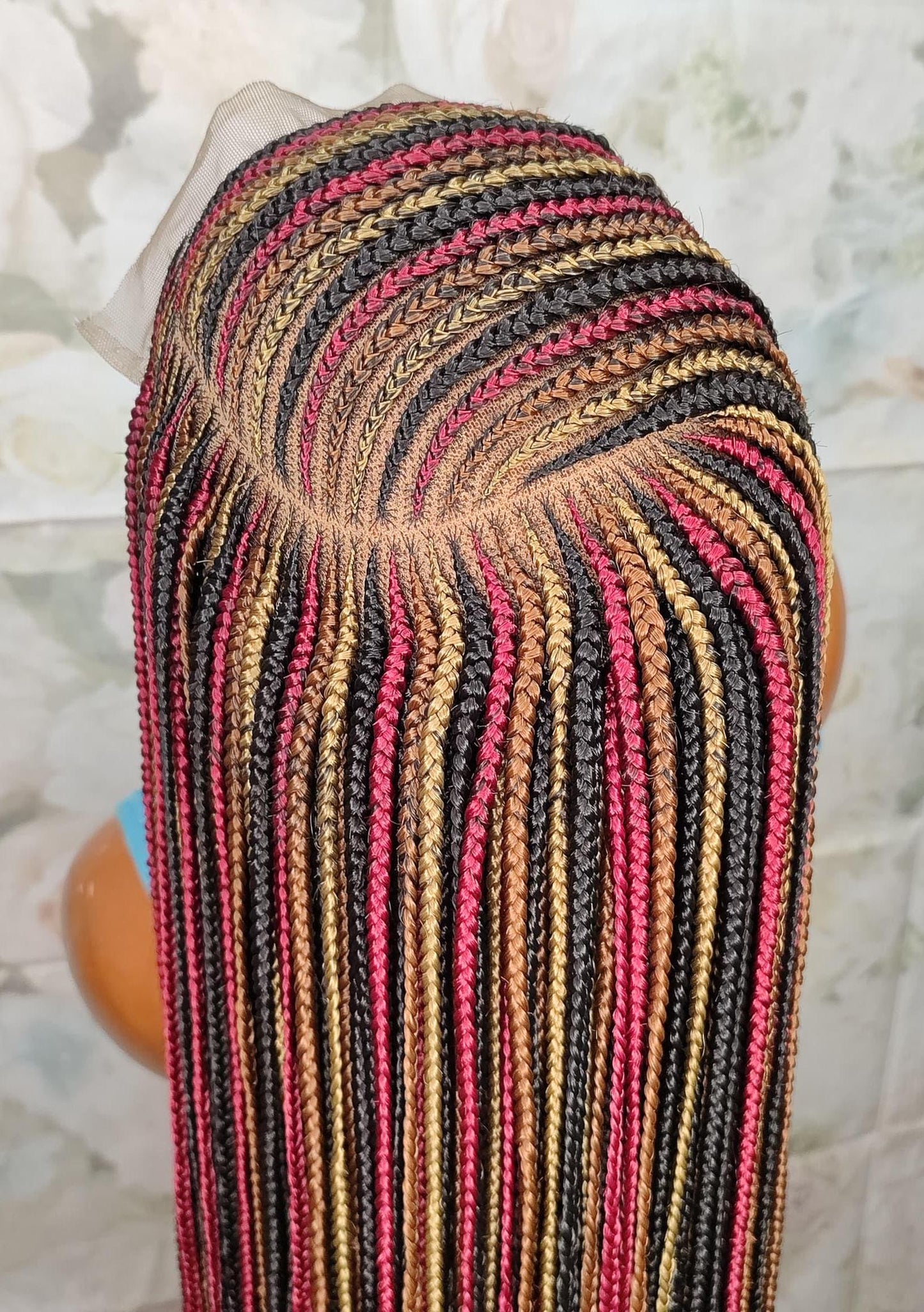 C-Cut Lace Frontal Conrow, Glueless Side-Part Long Red Gold Black Rainbow Braids Wig