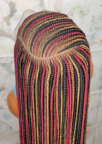 C-Cut Lace Frontal Conrow, Glueless Side-Part Long Red Gold Black Rainbow Braids Wig