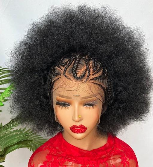 Braided Wigs for Black Women Short Afro Puff Braided lace front Cornrow wig for Black Women – tribal updo Braided Wigs with baby hair – product image 3