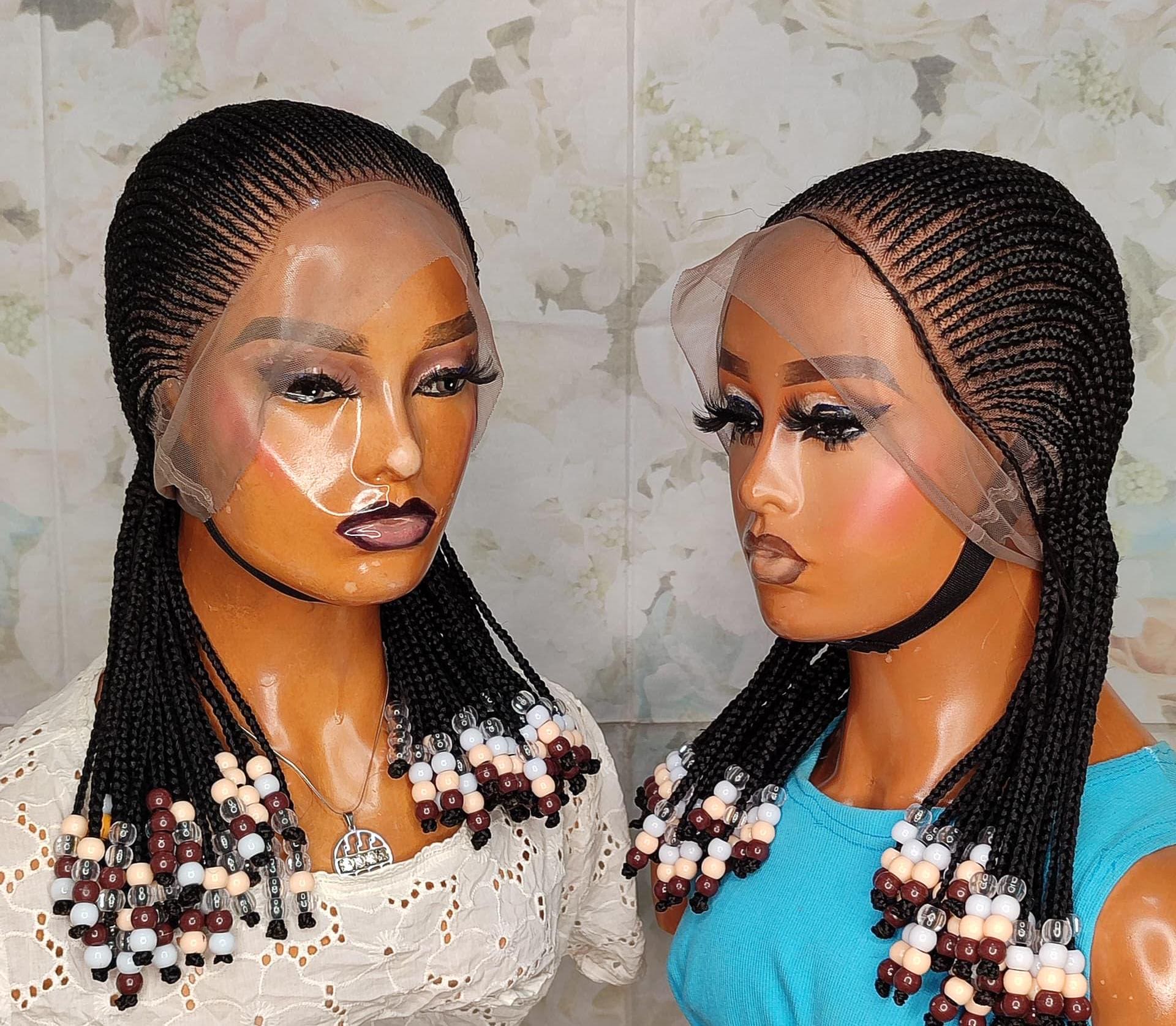 Braided Wigs for Black Women 16in Lace Frontal Cornrow Braided Wig – Ghana Weave with Beads – product image 1