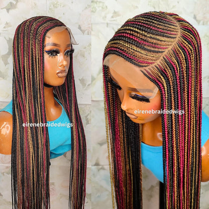 C-Cut Lace Frontal Conrow, Glueless Side-Part Long Red Gold Black Rainbow Braids Wig