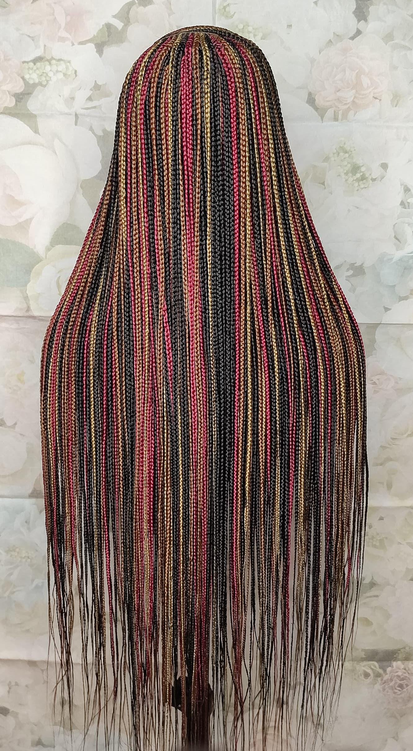 C-Cut Lace Frontal Conrow, Glueless Side-Part Long Red Gold Black Rainbow Braids Wig