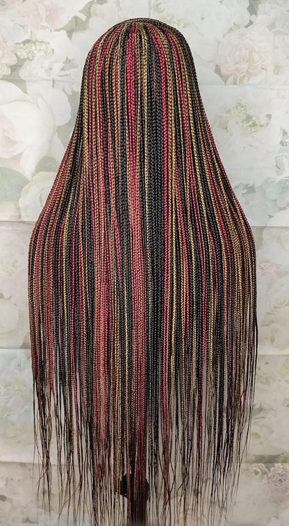 C-Cut Lace Frontal Conrow, Glueless Side-Part Long Red Gold Black Rainbow Braids Wig