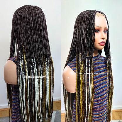 Braided Wigs for Black Women 35 Inch Box Braids Wig – Lace Closure – Brown Yellow White Silver Braids – product image 3