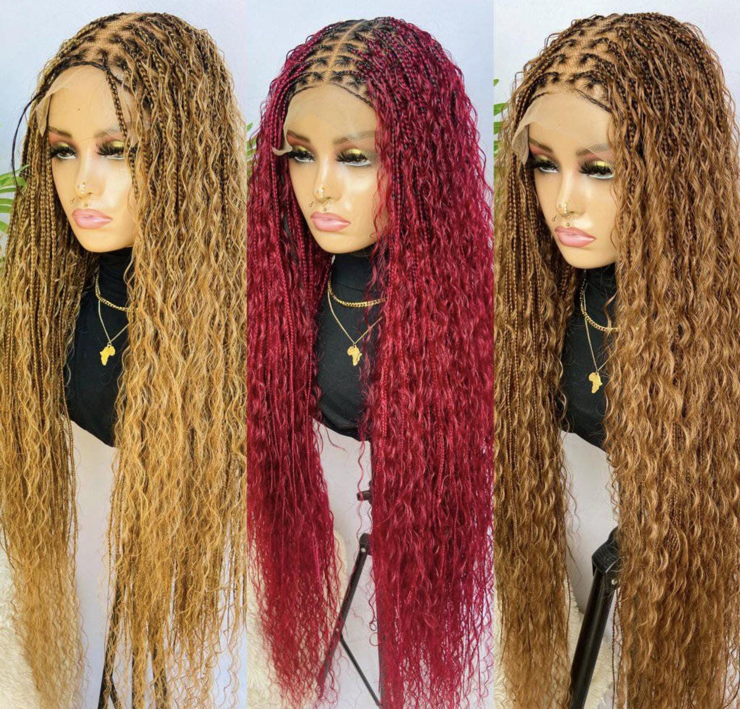 Knotless Boho Box Braids Wig, Curly long human hair lace front single braid glueless wig