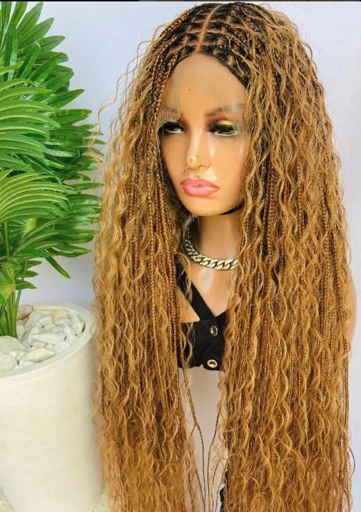 Knotless Boho Box Braids Wig, Curly long human hair lace front single braid glueless wig