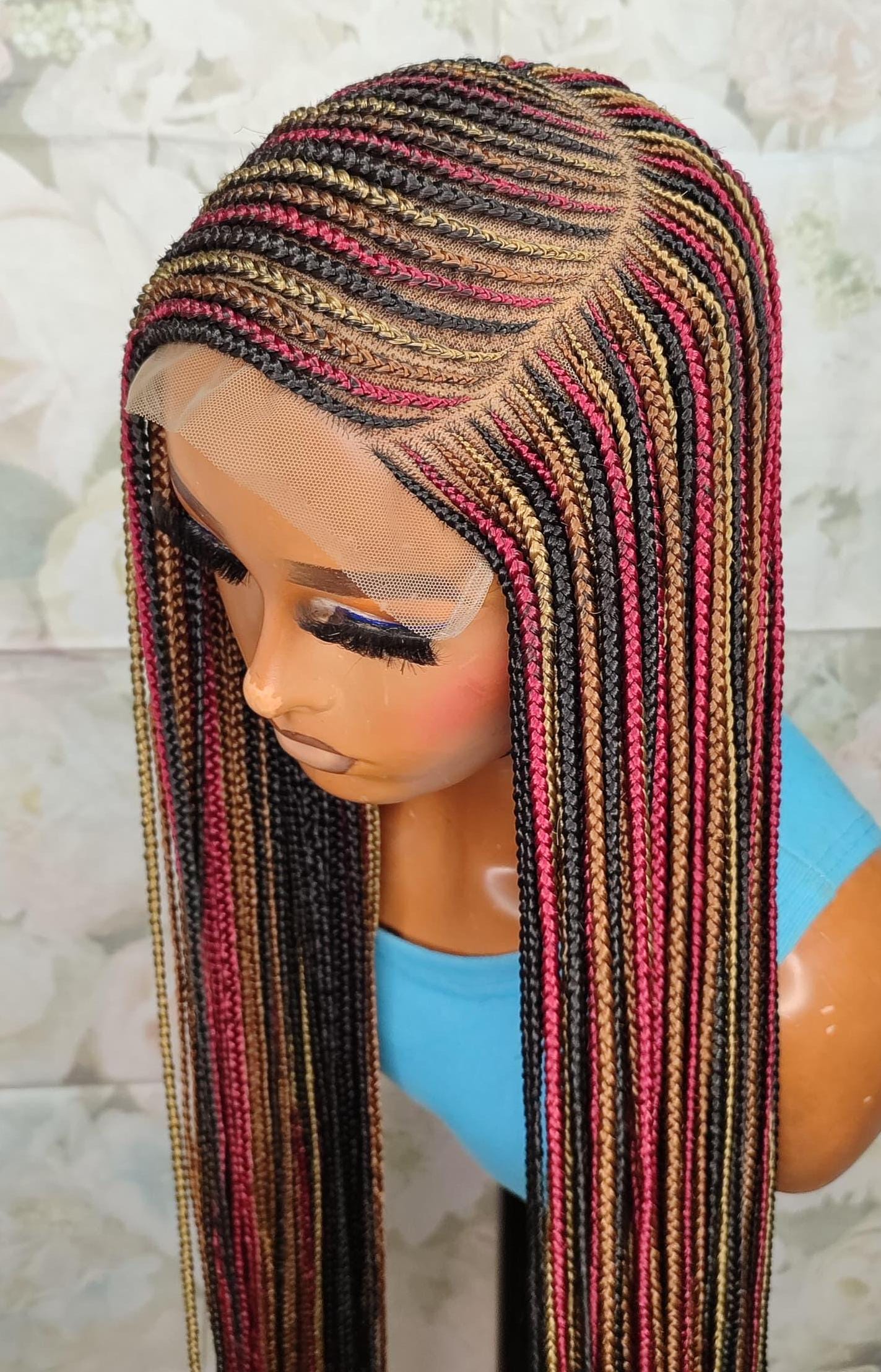 C-Cut Lace Frontal Conrow, Glueless Side-Part Long Red Gold Black Rainbow Braids Wig