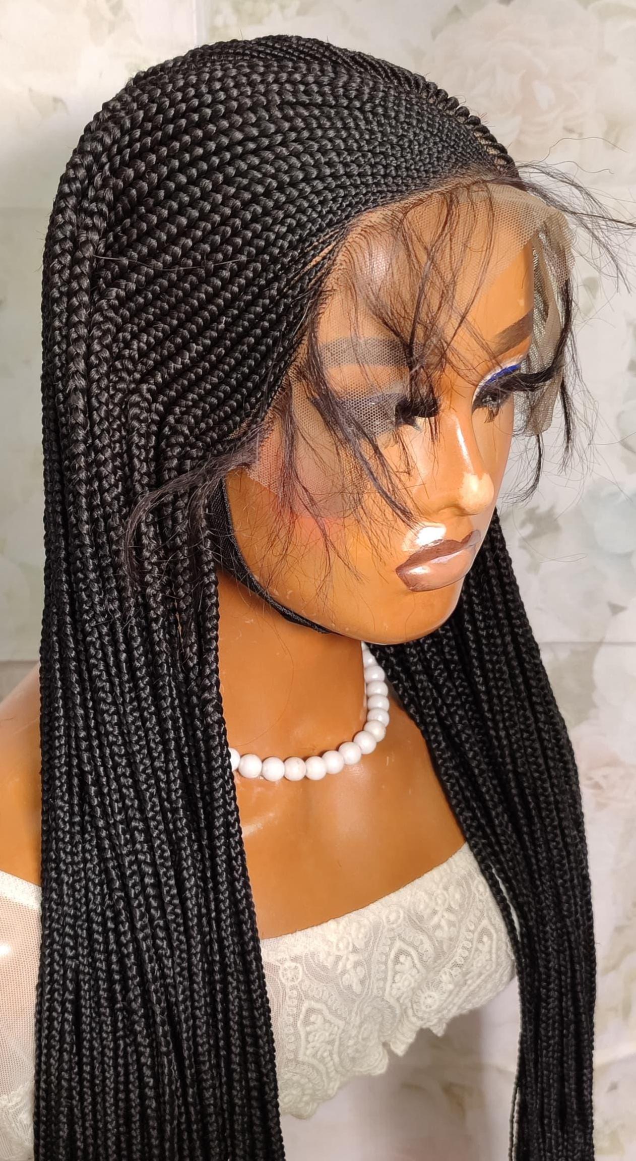 Long black middle part lace frontal african cornrow braided wig