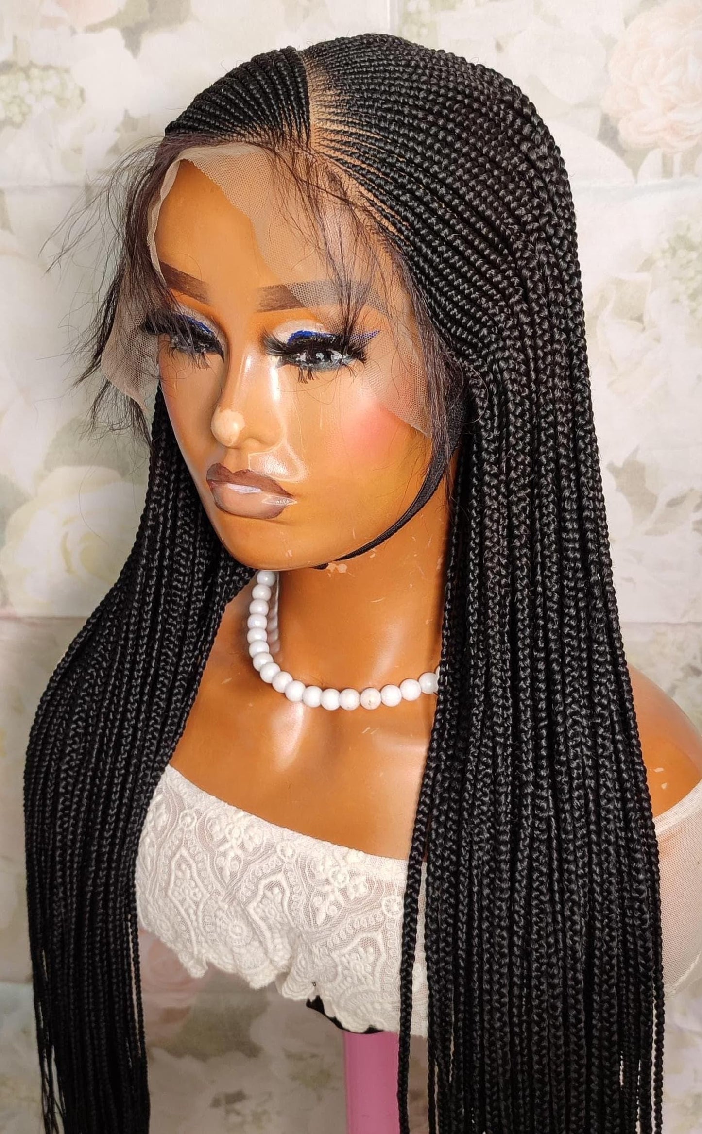 Long black middle part lace frontal african cornrow braided wig