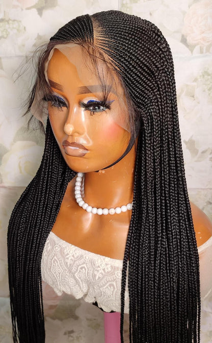 Long black middle part lace frontal african cornrow braided wig