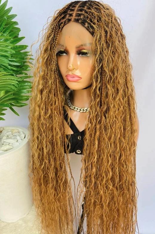 Knotless Boho Box Braids Wig, Curly long human hair lace front single braid glueless wig
