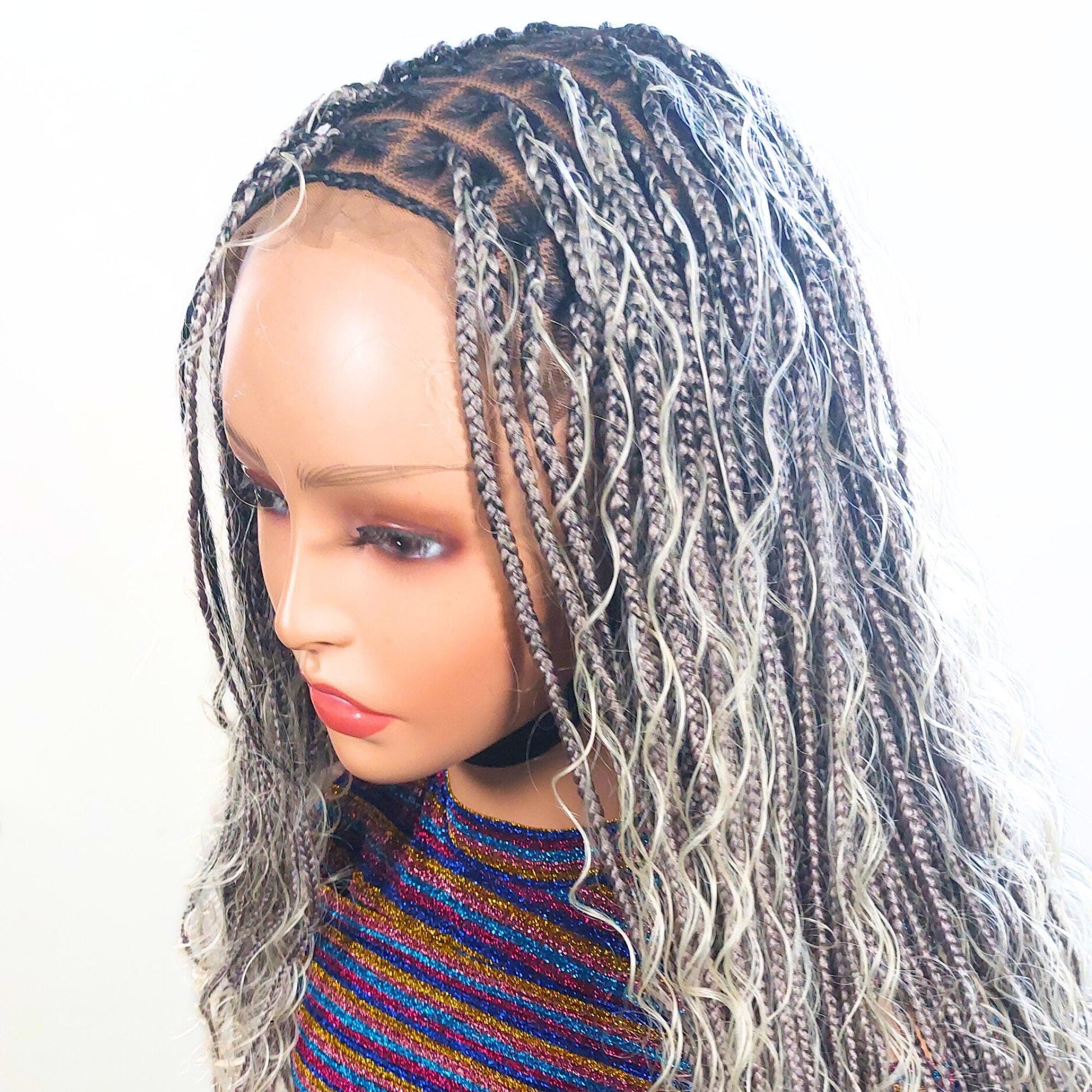 Braided Wigs for Black Women Knotless Boho Goddess Braid Wig – Silver Wavy Human Hair Blend Lace Front – product image 3