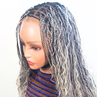 Braided Wigs for Black Women Knotless Boho Goddess Braid Wig – Silver Wavy Human Hair Blend Lace Front – product image 3