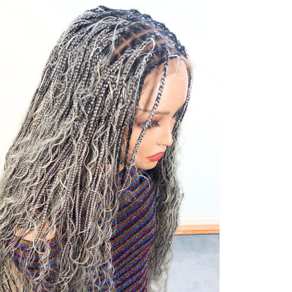 Braided Wigs for Black Women Knotless Boho Goddess Braid Wig – Silver Wavy Human Hair Blend Lace Front – product image 4