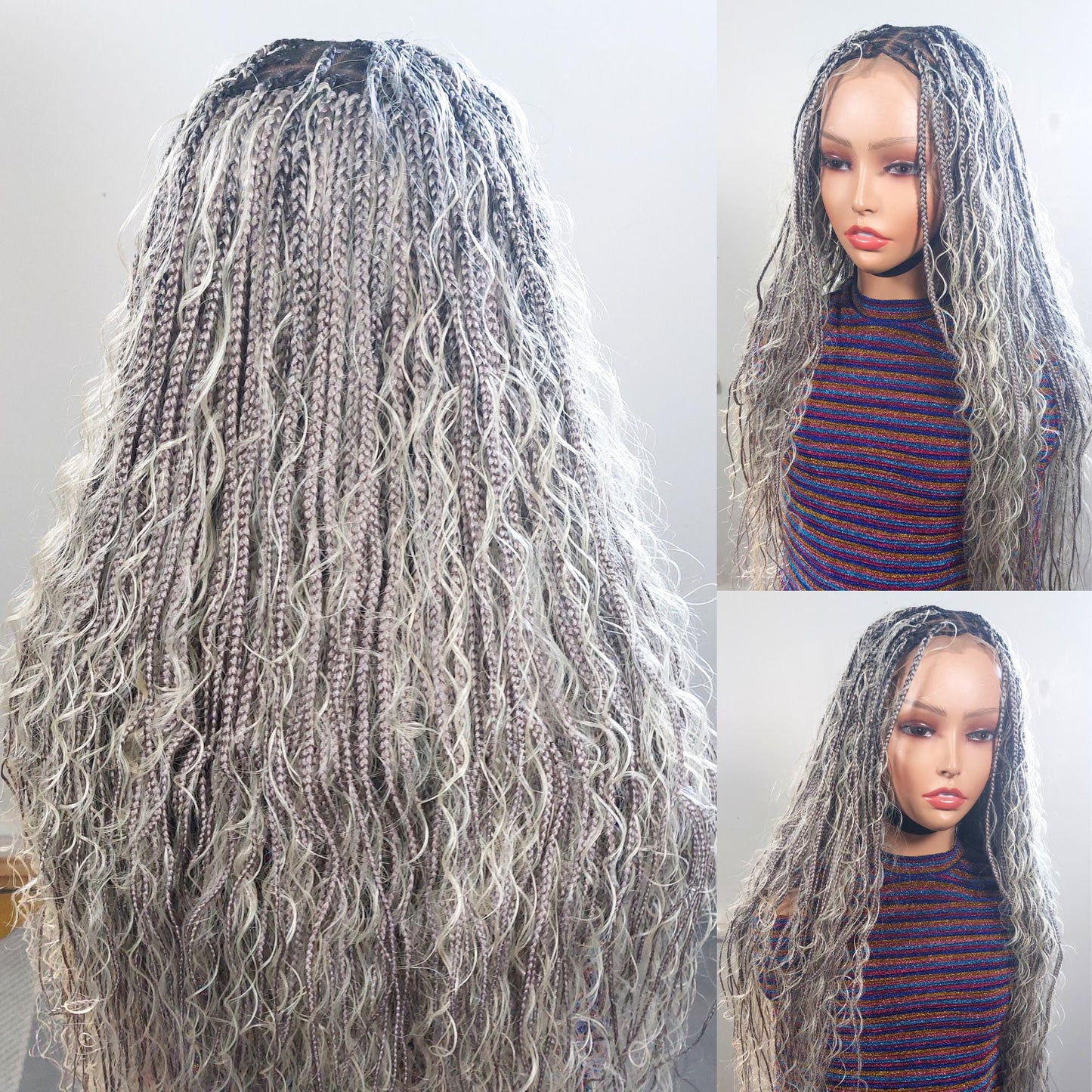 Braided Wigs for Black Women Knotless Boho Goddess Braid Wig – Silver Wavy Human Hair Blend Lace Front – product image 2