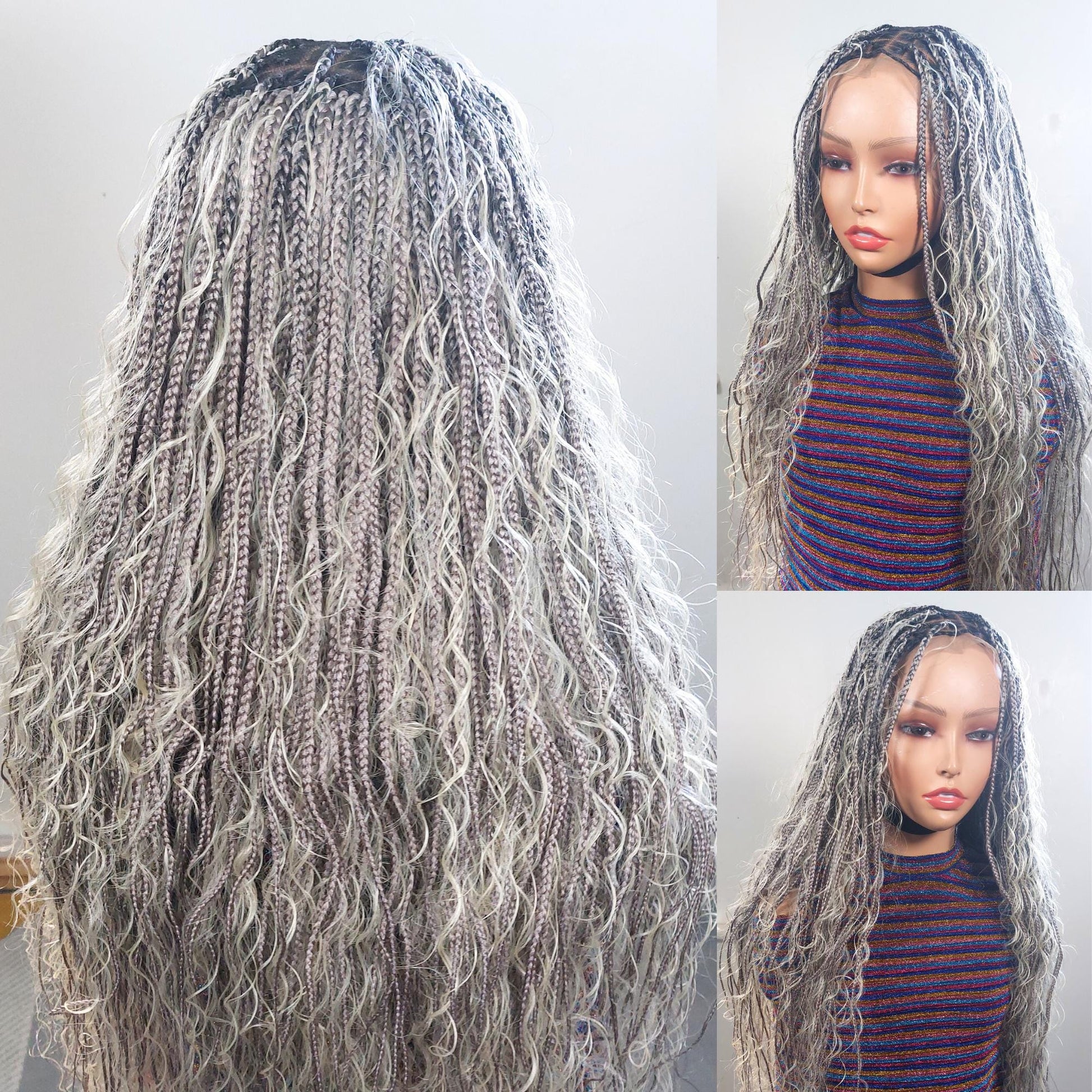 Braided Wigs for Black Women Knotless Boho Goddess Braid Wig – Silver Wavy Human Hair Blend Lace Front – product image 2