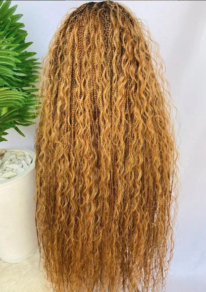 Knotless Boho Box Braids Wig, Curly long human hair lace front single braid glueless wig