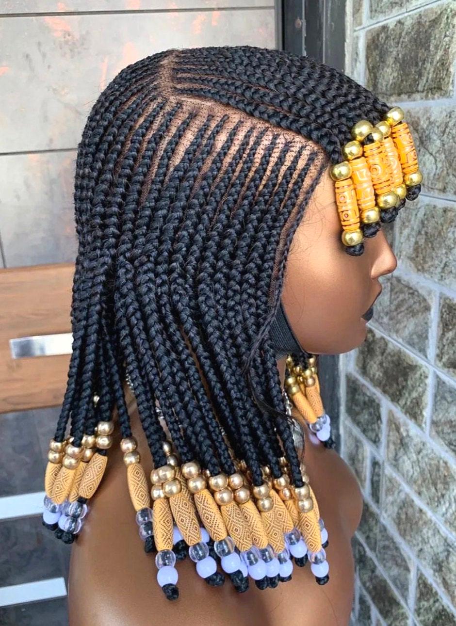 Braided Wigs for Black Women Beaded Braided Wig with Bangs – 14-inch Bob – Lace Frontal – product image 7