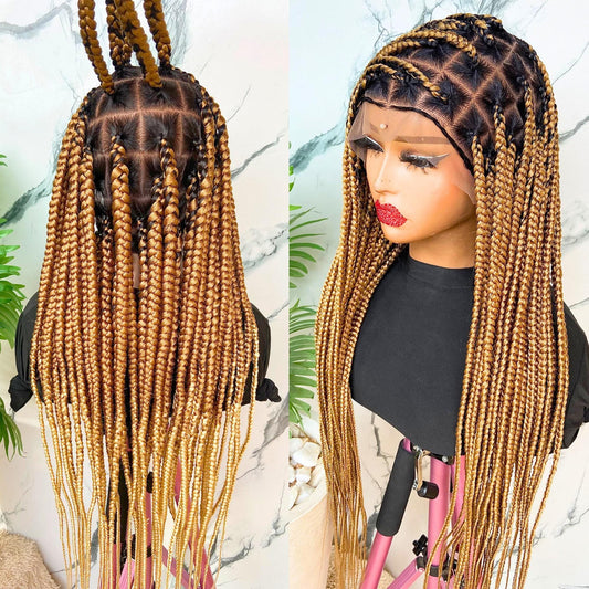 Chunky Knotless Big Box Braided Wig, baby hair full lace african single jumbo braids human hair wig