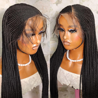 Long black middle part lace frontal african cornrow braided wig