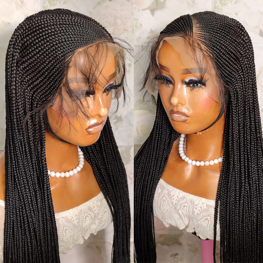 Long black middle part lace frontal african cornrow braided wig