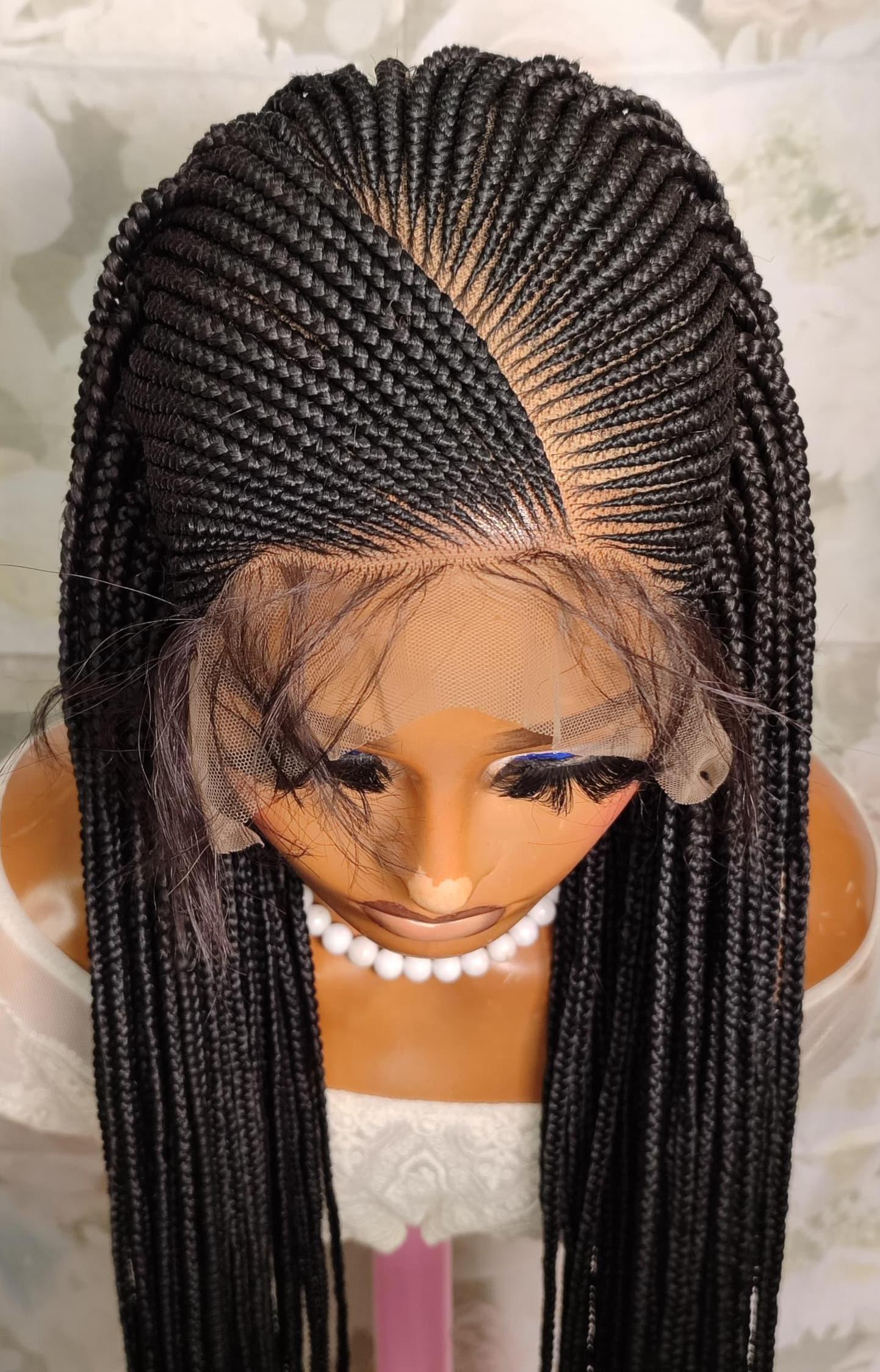 Long black middle part lace frontal african cornrow braided wig