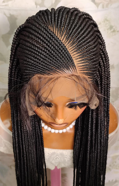Long black middle part lace frontal african cornrow braided wig
