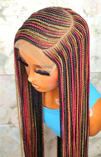 Braided Wigs for Black Women Long Braided Wig – C-Cut Lace Frontal – Red Gold Black Braids – product image 2