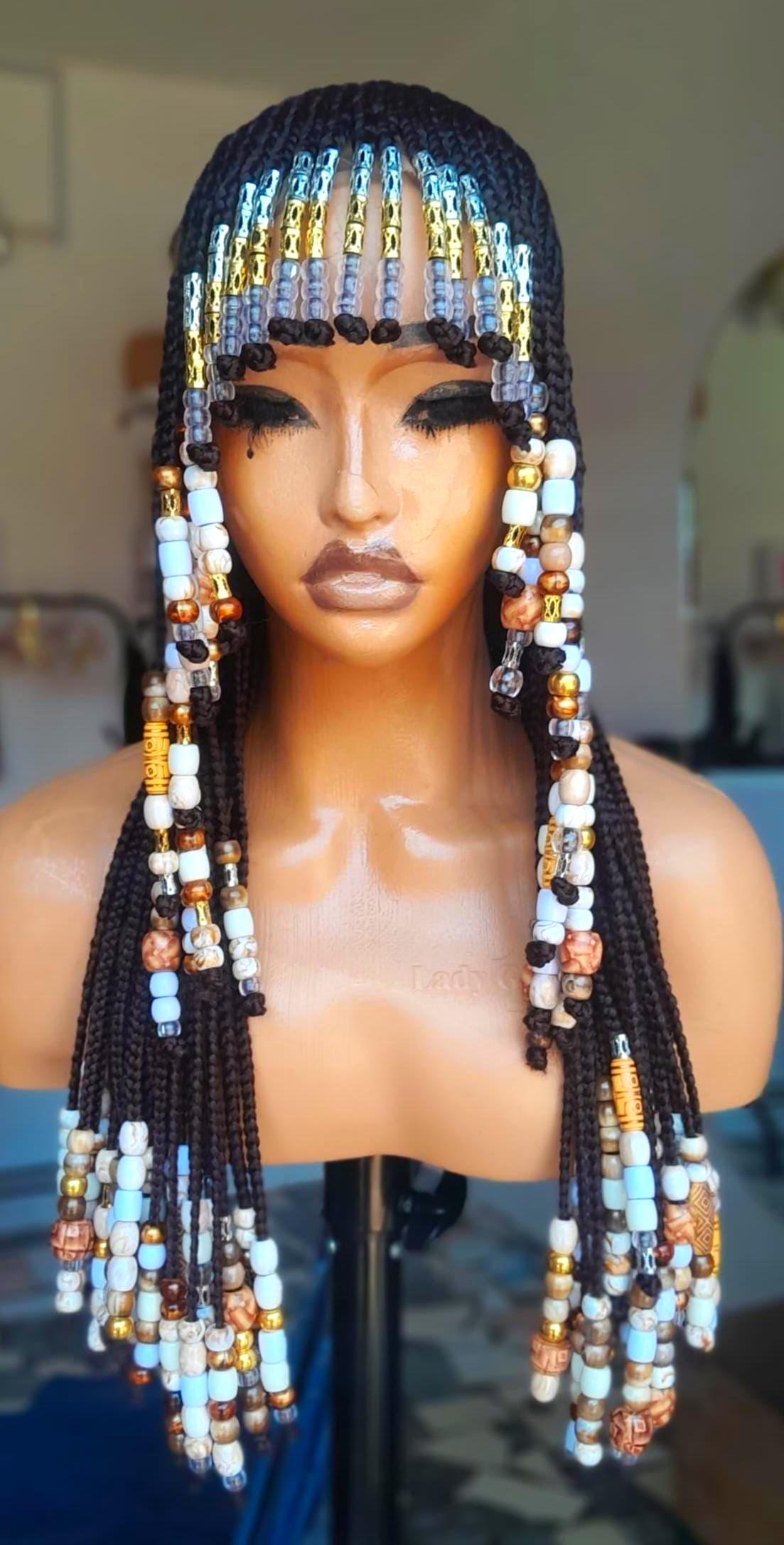 Braids wig with Bangs, Fringe braided wig with beads, short bob African tribal conrow wig Cleopatra