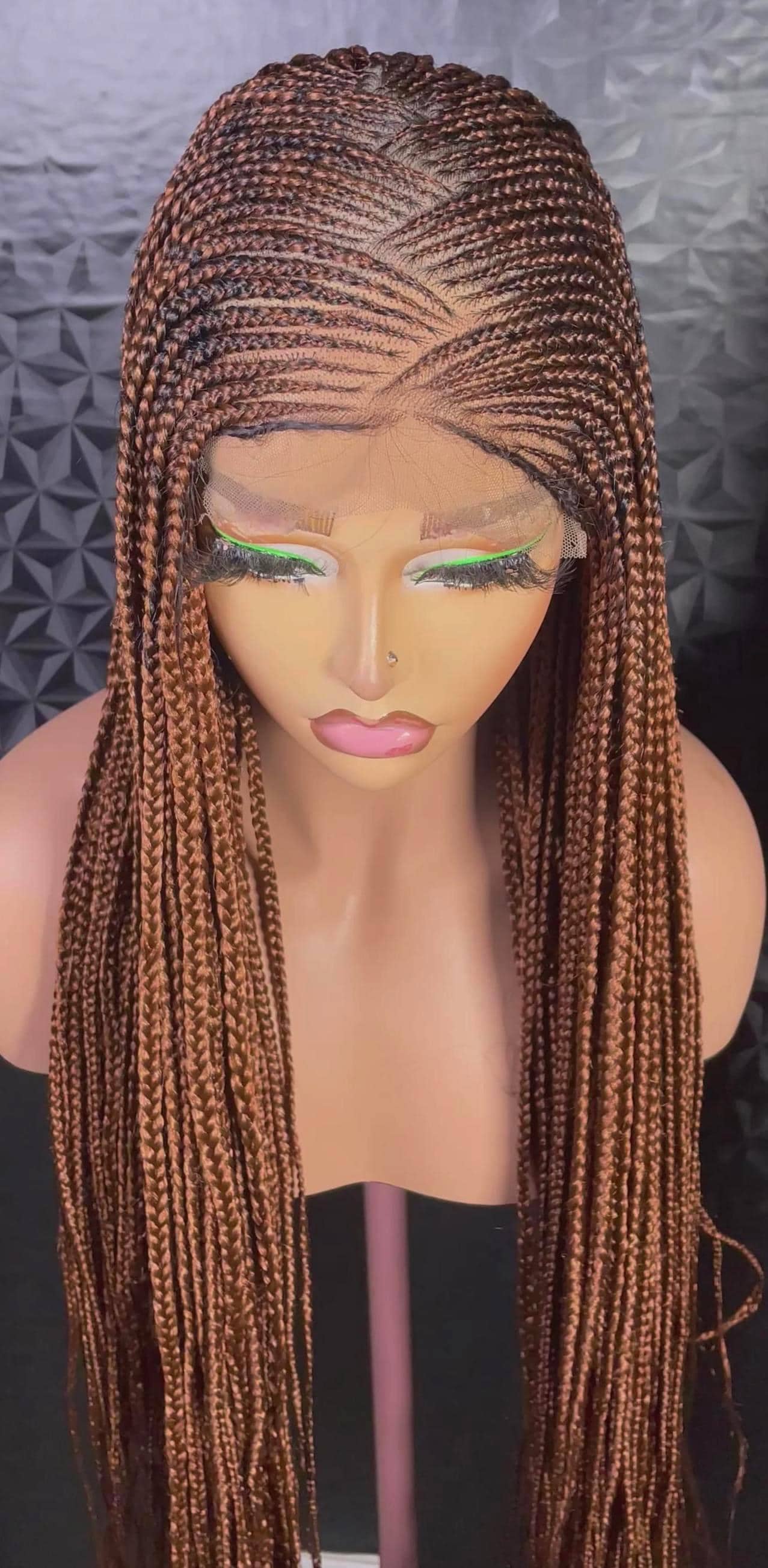 Criss-cross Long brown gold african cornrow braid wig, middle part lace frontal tribal weave