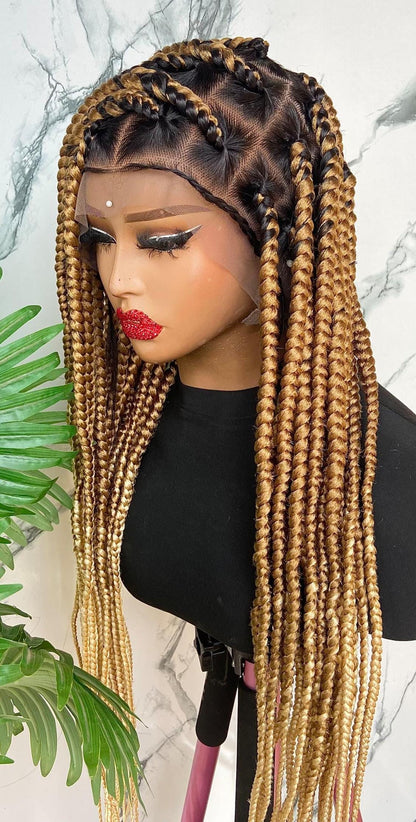 Chunky Knotless Big Box Braided Wig, baby hair full lace african single jumbo braids human hair wig