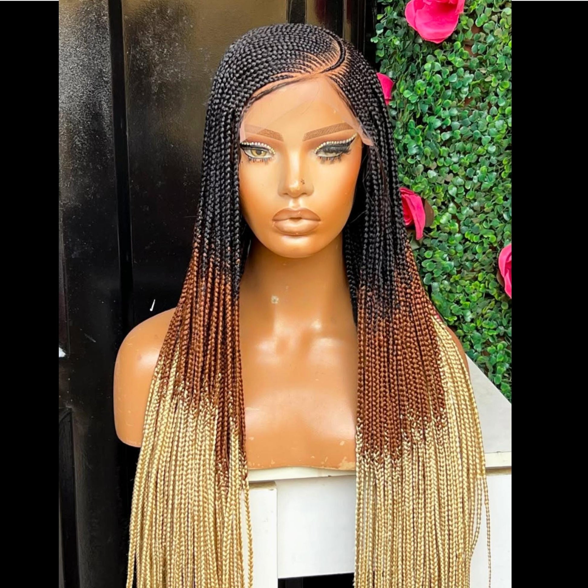 Braided Wigs for Black Women – Lace Frontal C-curve Braided Wig – Fulani Tribal Cornrow – Black Brown Blonde Ombre Wig – product image 7