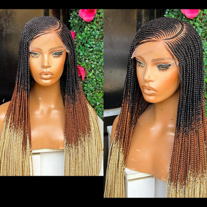 Braided Wigs for Black Women – Lace Frontal C-curve Braided Wig – Fulani Tribal Cornrow – Black Brown Blonde Ombre Wig – product image 6