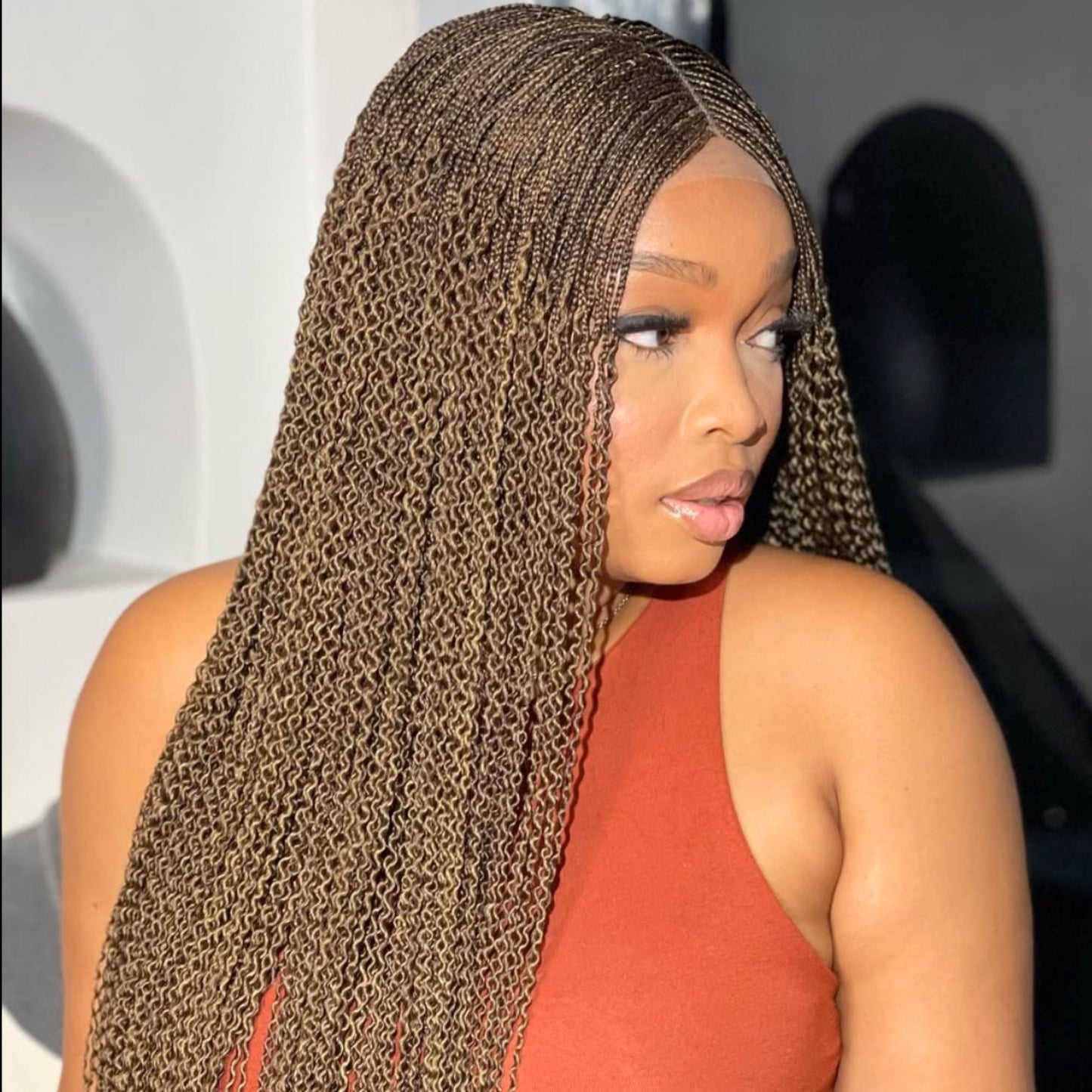 Braided Wigs for Black Women Handmade Crinky Twist Braid Wig – 30in Lace Closure – Black Brown Gold – product image 1