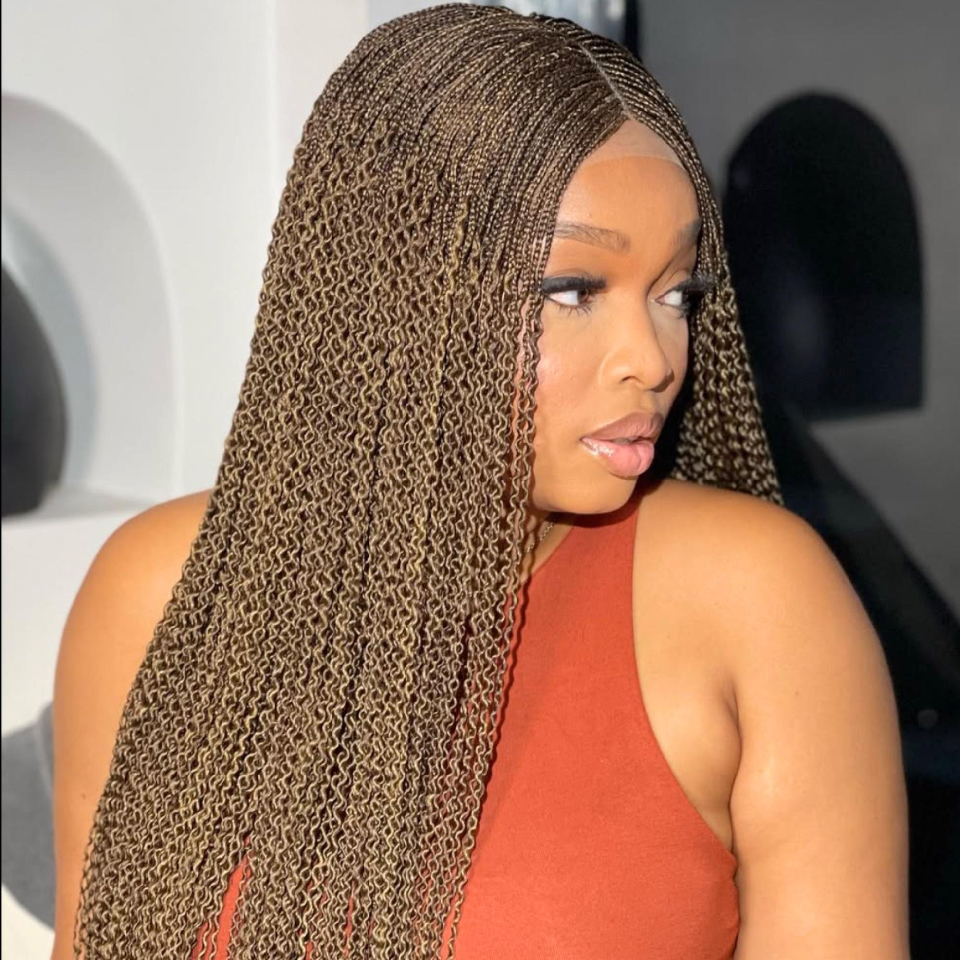 Braided Wigs for Black Women Handmade Crinky Twist Braid Wig – 30in Lace Closure – Black Brown Gold – product image 1