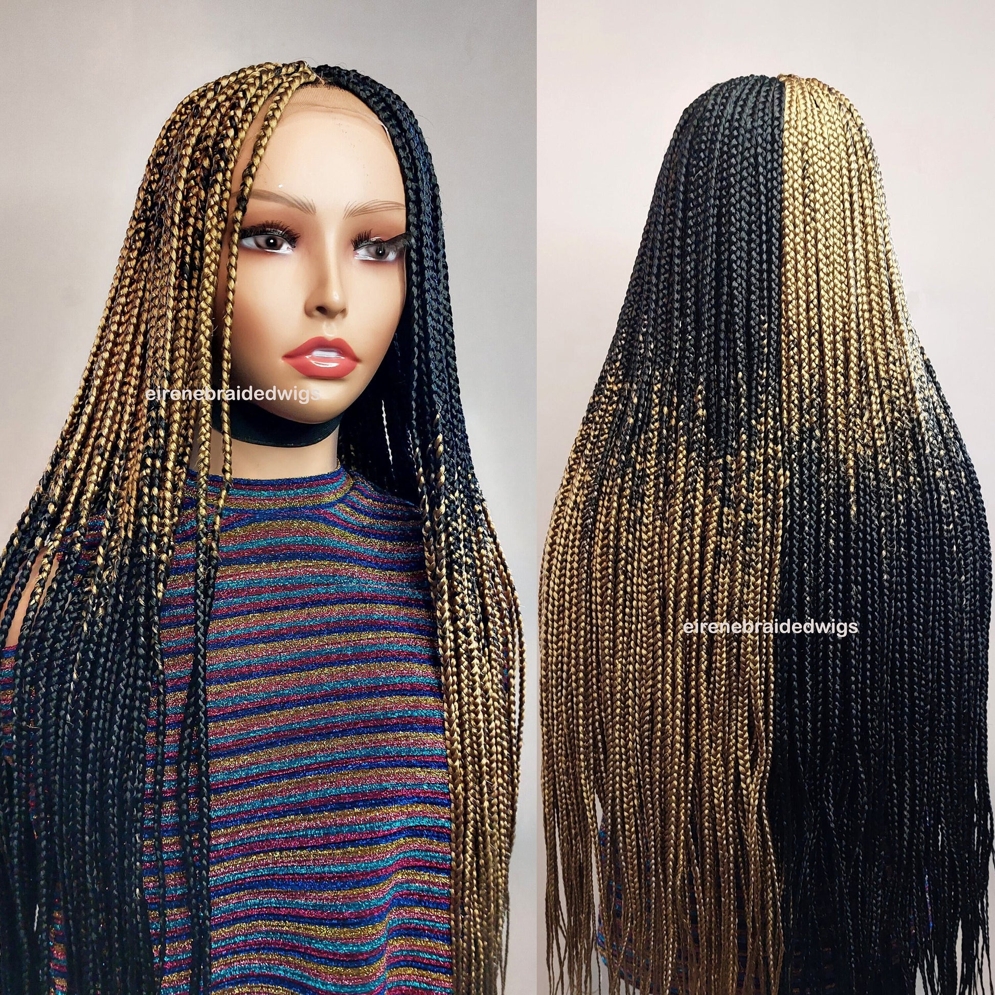 Box Braids Wig for Black Women – two colour gold black long braided wig – Lace closure center parting wig – wigs for women – ready – product image 1