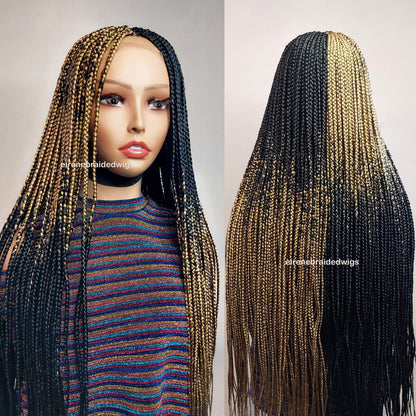 Box Braids Wig for Black Women – two colour gold black long braided wig – Lace closure center parting wig – wigs for women – ready – product image 1