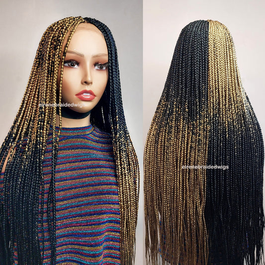 Box Braids Wig for Black Women – two colour gold black long braided wig – Lace closure center parting wig – wigs for women – ready – product image 1
