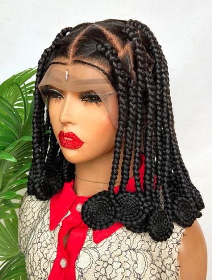 Koroba Bantu Knots Full Lace Wig For Women – Triangle Cut Short Box Braids Wig – Human Hair Shoulder Length Wig – African Tribal – product image 3