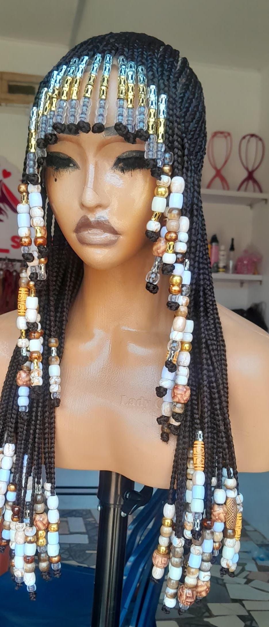 Braids wig with Bangs, Fringe braided wig with beads, short bob African tribal conrow wig Cleopatra