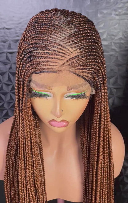 Criss-cross Long brown gold african cornrow braid wig, middle part lace frontal tribal weave