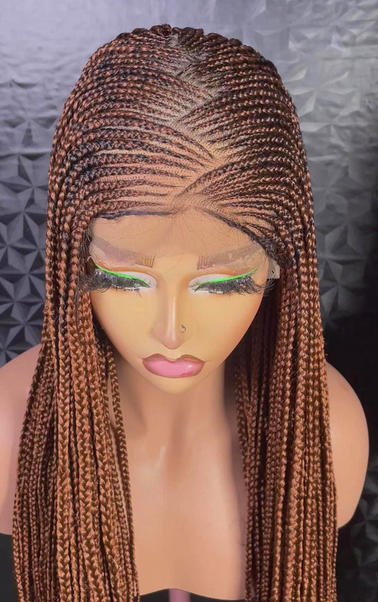 Criss-cross Long brown gold african cornrow braid wig, middle part lace frontal tribal weave